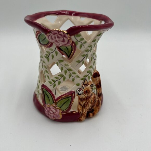 Blue Sky Clayworks Heather Goldminc Cat Rise Flowers 2004 Tealite - Picture 1 of 11